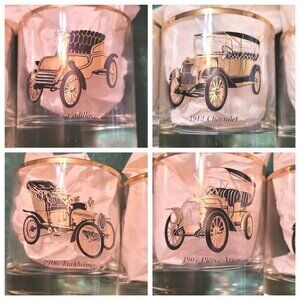 MCM Galaxy Antique Cars Rocks Low Ball glasses set of 8 in original box